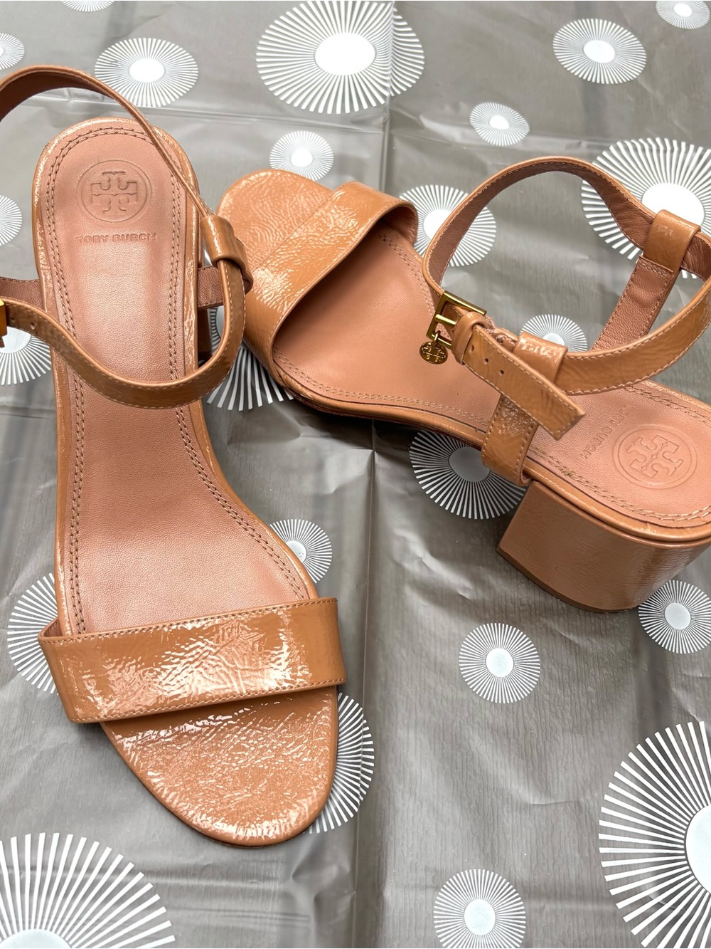 Tory Burch Laurel Ankle Strap Patent Leather Block Heel Sandals in Nude/Tan